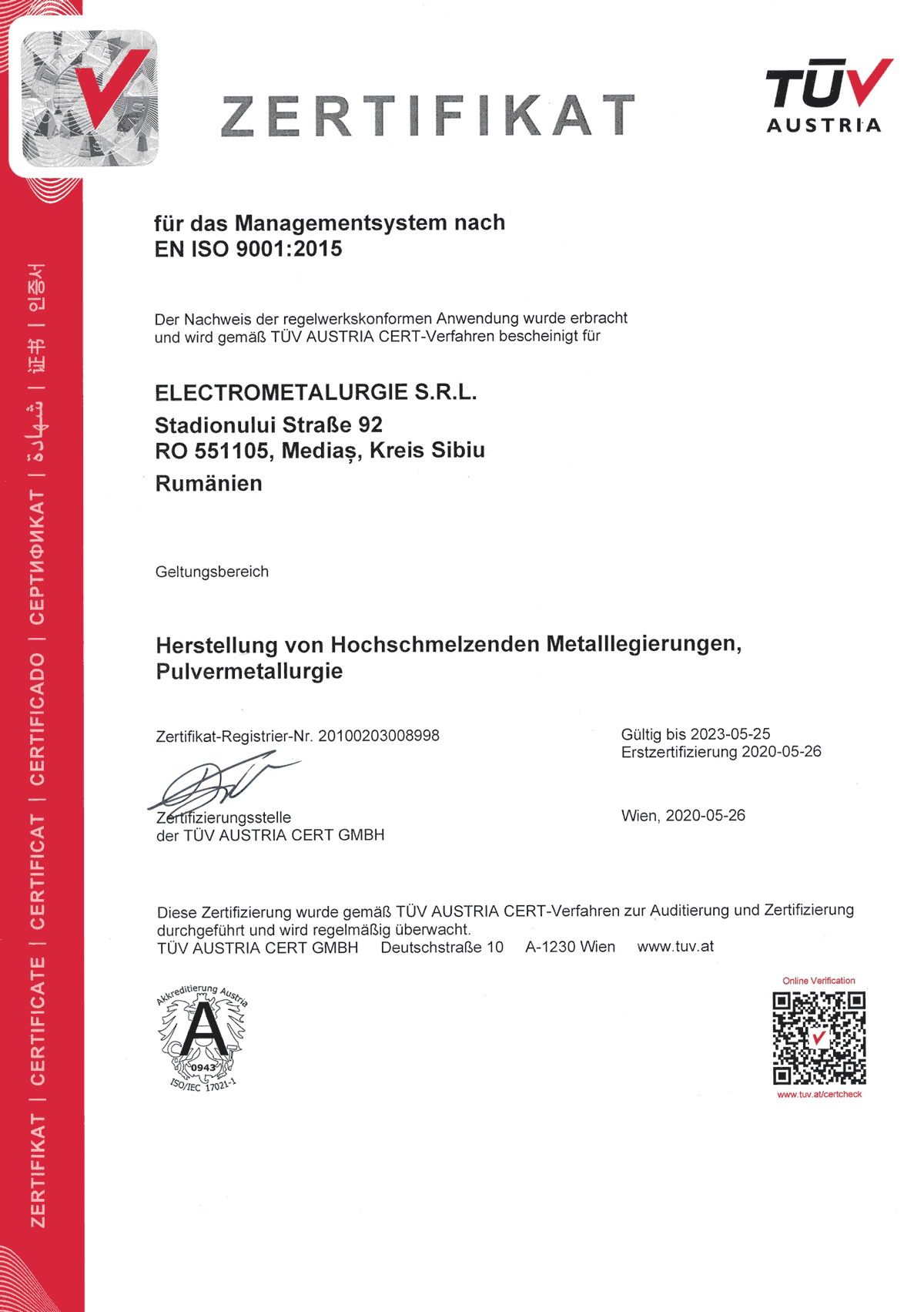 SC Electrometalurgy SRL – Zertifikat - DIN EN ISO 9001:2015